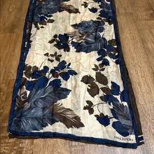 Halston scarf. 56” x 13”. Blue, brown, tan